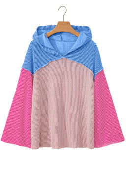 Pink Color Block Patchwork Corded Ribbed Loose Fit Hoodie