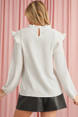 White Frilled Neck Ruffled Trim Bubble Sleeve Blouse
