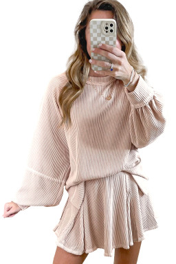 Jet Stream Corded Lantern Sleeve Top High Waist Ruffled Mini Skort Set