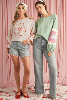 Beige Flower Exposed Seam Patchwork Loose Top