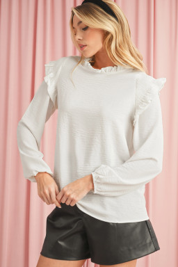 White Frilled Neck Ruffled Trim Bubble Sleeve Blouse