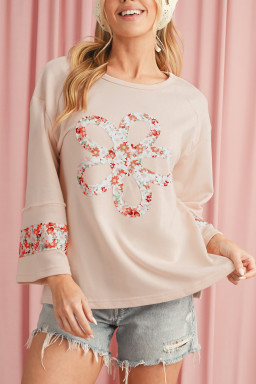 Beige Flower Exposed Seam Patchwork Loose Top