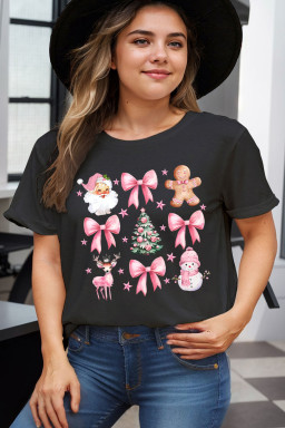 Black Santa Clause Christmas Element Printed Plus Size T Shirt