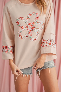 Beige Flower Exposed Seam Patchwork Loose Top