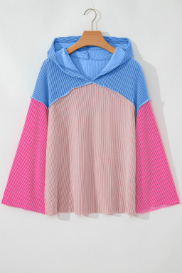 Pink Color Block Patchwork Corded Ribbed Loose Fit Hoodie