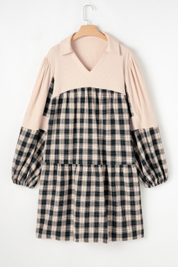 Black Plaid Waffle Patchwork Collared V Neck Plus Size Dress