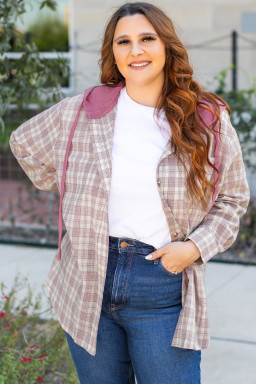 Bonbon Plaid Print Drawstring Hooded Plus Size Shacket