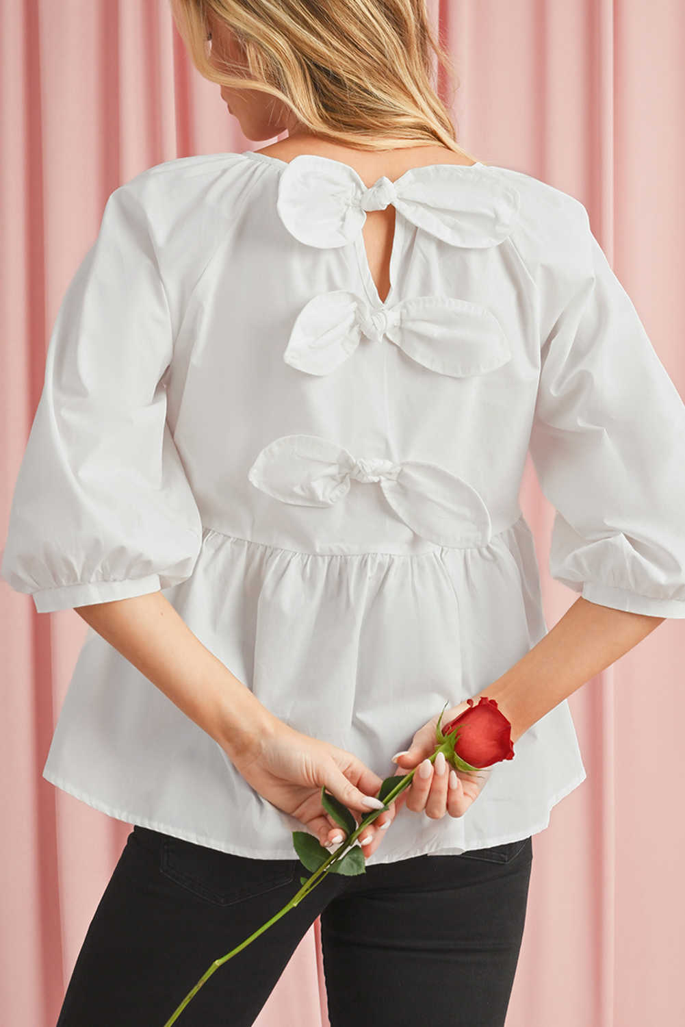 White Bow Knot Cutout Back Loose Fit 3/4 Sleeve Blouse