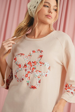 Beige Flower Exposed Seam Patchwork Loose Top