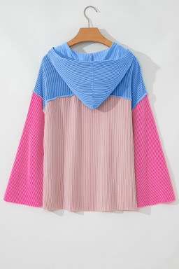Pink Color Block Patchwork Corded Ribbed Loose Fit Hoodie