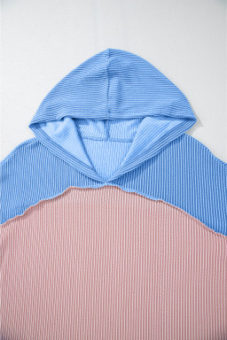 Pink Color Block Patchwork Corded Ribbed Loose Fit Hoodie