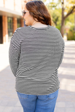 Black Striped Drop Shoulder Knit Plus Size Top