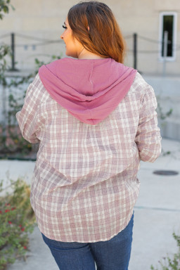 Bonbon Plaid Print Drawstring Hooded Plus Size Shacket
