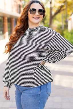 Black Striped Drop Shoulder Knit Plus Size Top