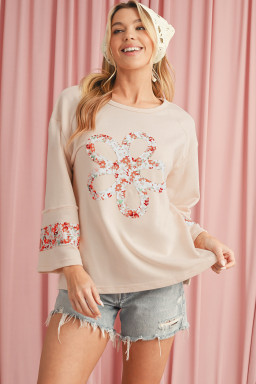 Beige Flower Exposed Seam Patchwork Loose Top