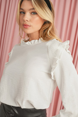 White Frilled Neck Ruffled Trim Bubble Sleeve Blouse