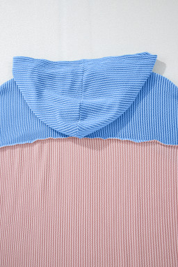 Pink Color Block Patchwork Corded Ribbed Loose Fit Hoodie