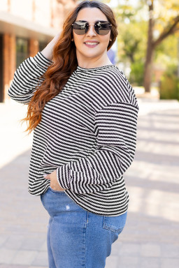 Black Striped Drop Shoulder Knit Plus Size Top