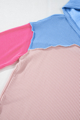 Pink Color Block Patchwork Corded Ribbed Loose Fit Hoodie