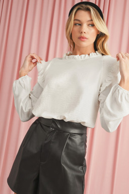 White Frilled Neck Ruffled Trim Bubble Sleeve Blouse