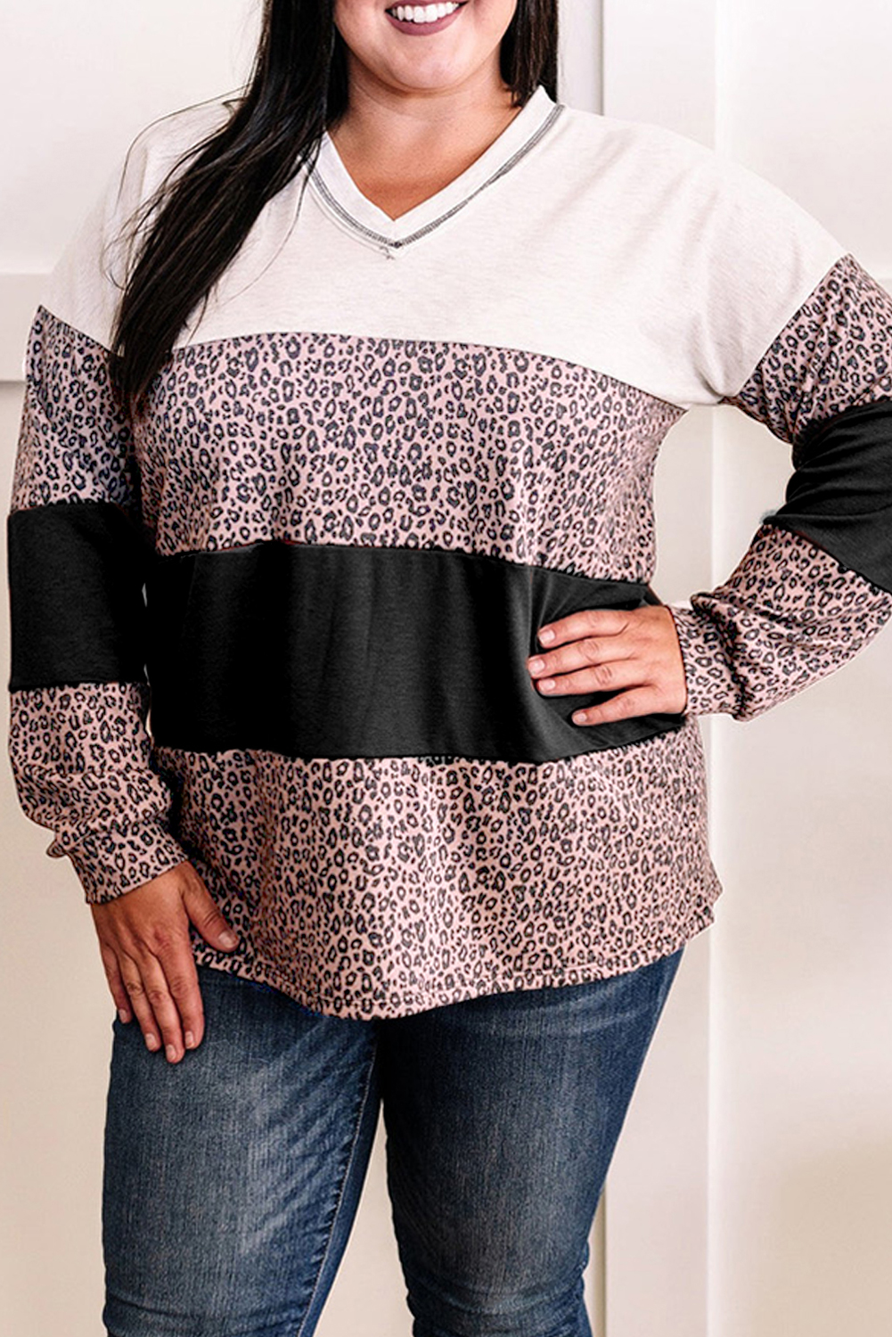 Plus Size Leopard V-Neck Dropped Shoulder T-Shirt