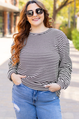 Black Striped Drop Shoulder Knit Plus Size Top
