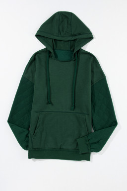 Green Quilted Patchwork Exposed Seam Kangaroo Pocket Hoodie