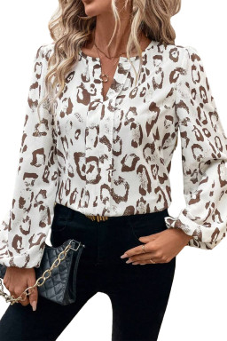 Khaki Leopard Print Split Neck Balloon Sleeve Blouse