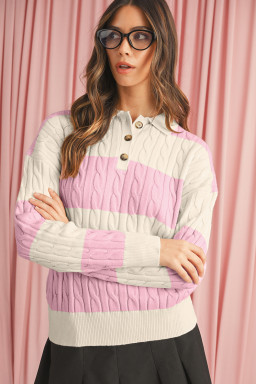 Pink Colorblock Button Collar Twisted Cable Knit Sweater
