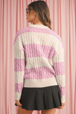 Pink Colorblock Button Collar Twisted Cable Knit Sweater