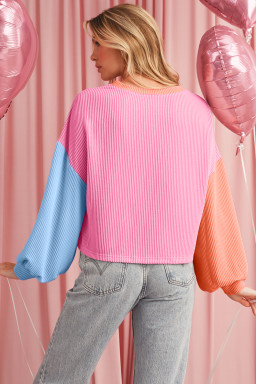 Rose Red Corded Colorblock Patchwork Long Sleeve Top