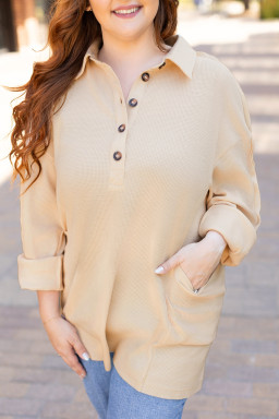 Jet Stream Waffle Patchwork Side Pockets Henley Collared Plus Size Top