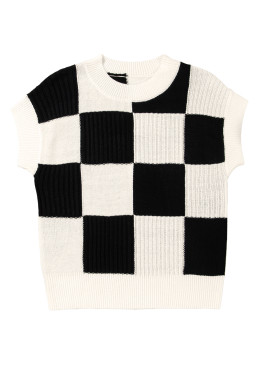 Black Checkered Color Block Crew Neck Short Sleeve Sweater