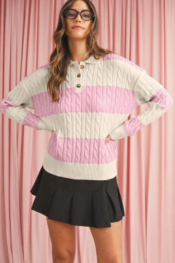 Pink Colorblock Button Collar Twisted Cable Knit Sweater