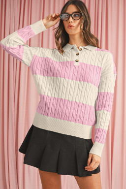 Pink Colorblock Button Collar Twisted Cable Knit Sweater