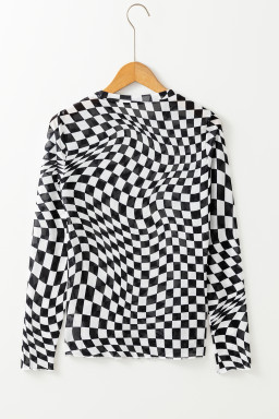 Black Checkered Pattern Mesh Long Sleeve Top