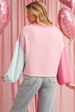 Pink Corded Colorblock Patchwork Long Sleeve Top