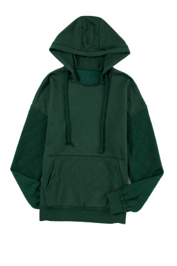 Green Quilted Patchwork Exposed Seam Kangaroo Pocket Hoodie