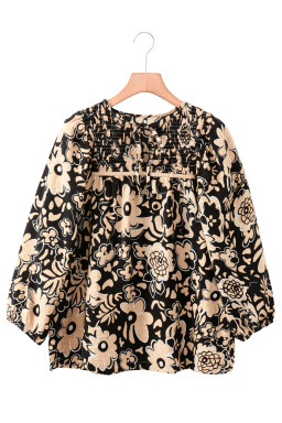 Black Boho Floral Smocked V Neck Bracelet Sleeve Blouse