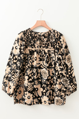 Black Boho Floral Smocked V Neck Bracelet Sleeve Blouse