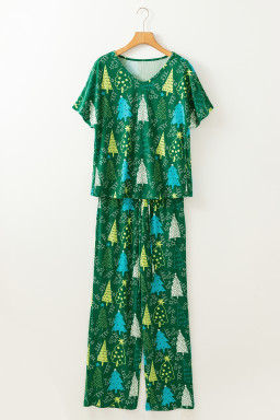 Green Christmas Tree Print V Neck Tee and Pants Pajama Set