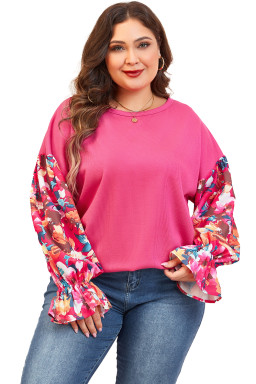 Bright Pink Floral Patchwork Flounce Sleeve Plus Knit Top