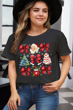 Black Christmas Tree Santa Claus Bowknot Graphic Plus Size T Shirt