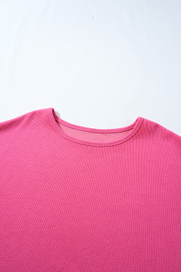 Bright Pink Floral Patchwork Flounce Sleeve Plus Knit Top