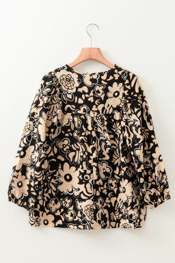 Black Boho Floral Smocked V Neck Bracelet Sleeve Blouse