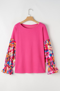 Bright Pink Floral Patchwork Flounce Sleeve Plus Knit Top