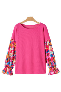 Bright Pink Floral Patchwork Flounce Sleeve Plus Knit Top