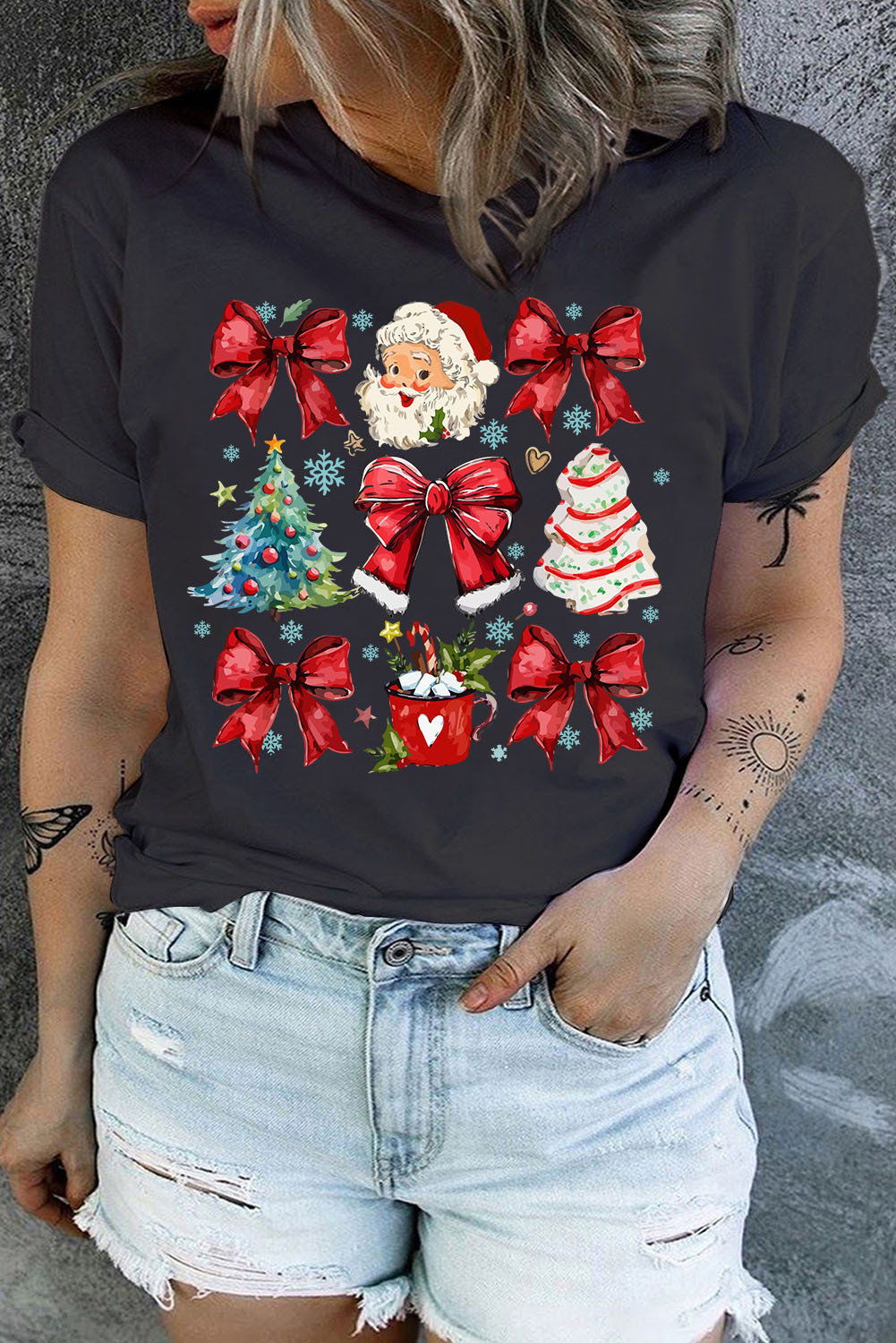 Black Christmas Tree Santa Claus Bowknot Graphic Plus Size T Shirt