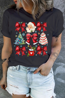 Black Christmas Tree Santa Claus Bowknot Graphic Plus Size T Shirt