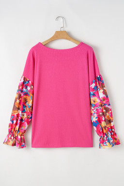 Bright Pink Floral Patchwork Flounce Sleeve Plus Knit Top
